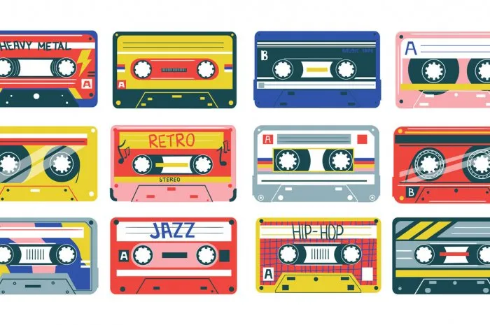 retro cassette heavy metal, jazz or hip-hop music 90s and 80s analog song records old-fashioned audio equipment collection of stereo tapes colorful musical vintage devices vector pop art set