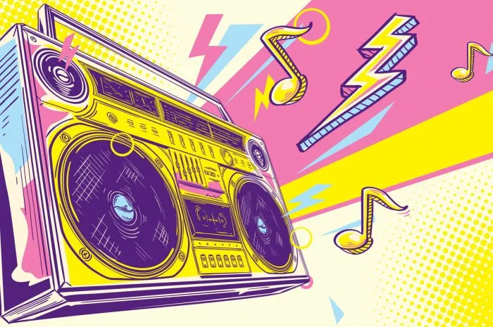 music design - funky colorful drawn boom box tape recorder