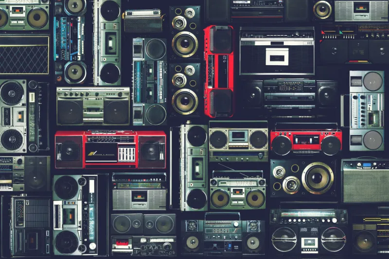 vintage wall of radio boombox of the 80s, retro objects