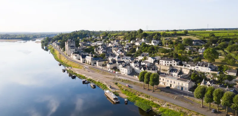 drone view of the village of montsoreau, on the loire river