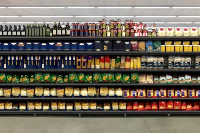 pasta packaging in a supermarket on a shelf suitable for presenting new product plans and new packaging among many others