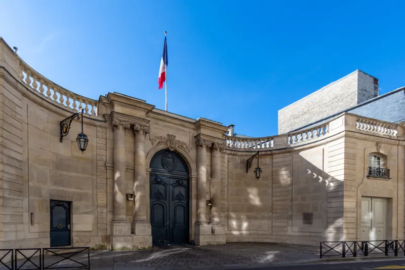 paris, france - october 9, 2022  exterior view of the entrance to the hotel de matignon, also known as 'matignon', the official residence and workplace of the head of the french government