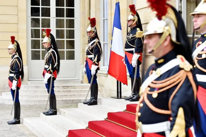 paris, france - june 10, 2016  hotel matignon republican guards of honor during a welcome ceremony matignon is the official residence of the prime minister of france