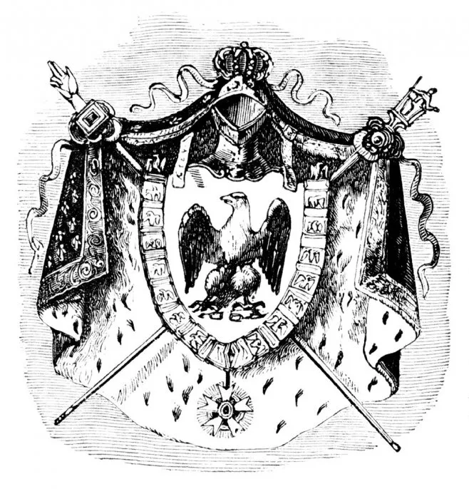 crown, robe, scepter, eagle, medallion --the clothes and ornaments of a french ruler in the 17-18th century wood block engravings published in 1846 original edition is from my own archives copyright has expired and is in public domain