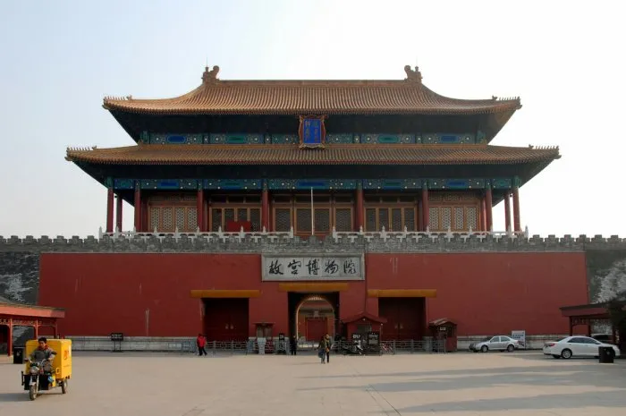 forbidden city, beijing, china this is the gate of divine might, the exit from the site seen from outside the forbidden city has traditional chinese architecture