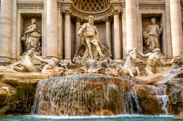 trevi fountain in rome, italy, europe old trevi fountain is famous landmark of rome italian baroque architecture, nice historical building with beautiful sculpture and statues in roma city center