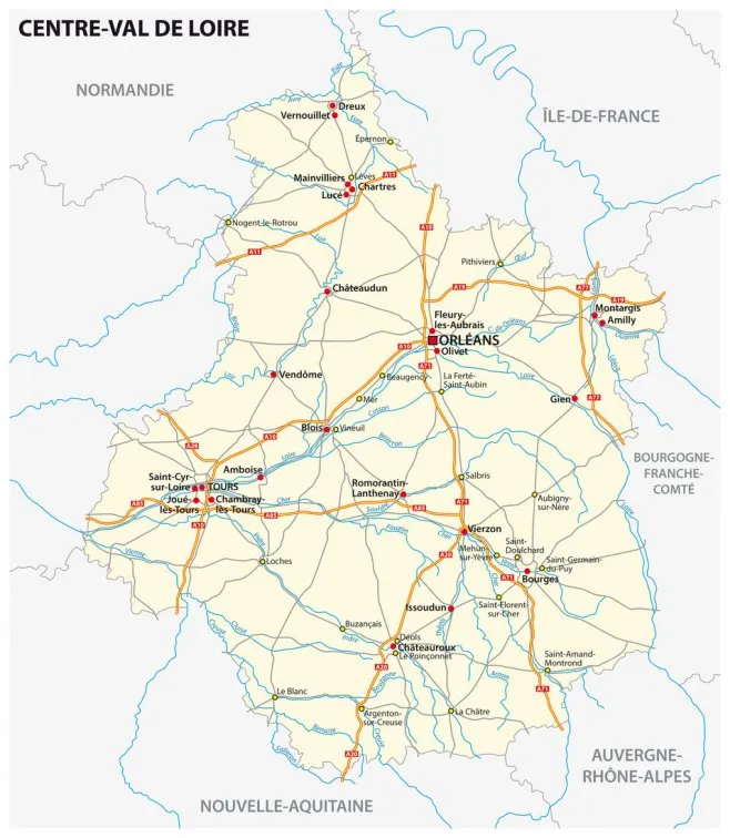 road map of the region centre val de loire, france