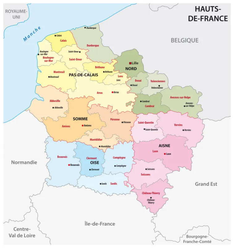 administrative map of the new french region hauts de france