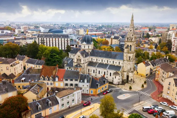 aerial view of picturesque chateauroux cityscape with catholic church of our lady, central france