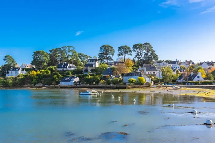 brittany, ile aux moines island in the morbihan gulf, the typical harbor and village, low tide