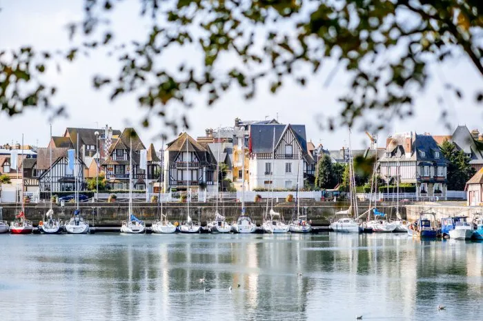 landscape view of beautiful marine with yachts and buildings in deauville town in france
