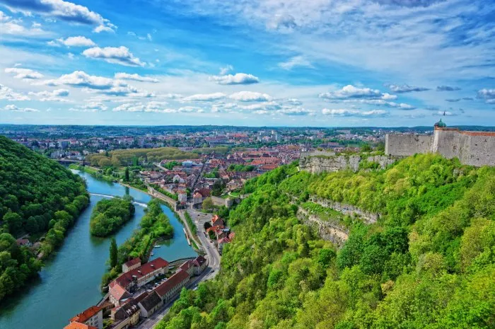 aerial view on the old city and tower of the citadel of besancon in bourgogne franche comte region in france