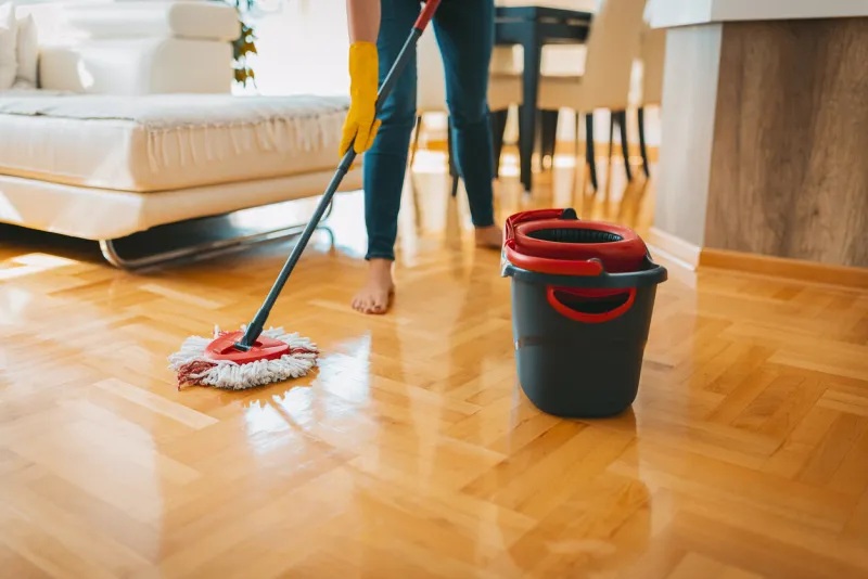 cleaning agent and bucket in the living room, a young woman maintains the parquet