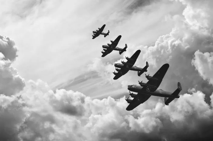 black and white retro image of lancaster bombers from battle of britain in world war two