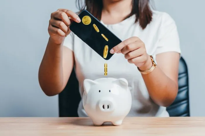 banking and saving money, woman using mobile phone app for saving money or investment with online banking application technology retirement planning and insurance concept