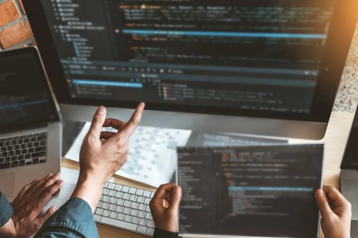 developing programmer team development website design and coding technologies working in software company office