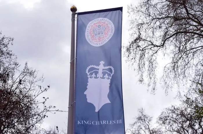 london, uk - april 6 2023  king charles iii banner in russell square, which has been installed ahead of the coronation
