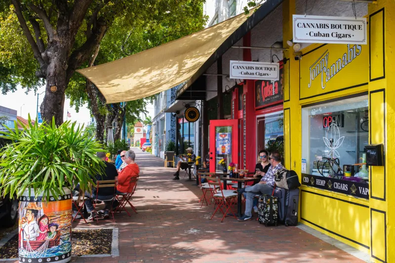 miami, florida usa - february 1, 2022  cityscape scene along popular calle ocho in historic little havana with cigar shops and restaurants