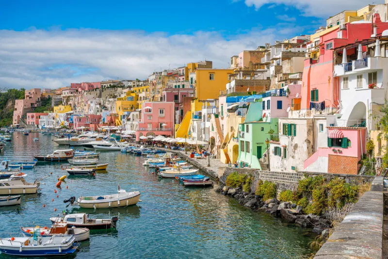 panoramic sight of the beautiful island of procida, near napoli, campania region, italy