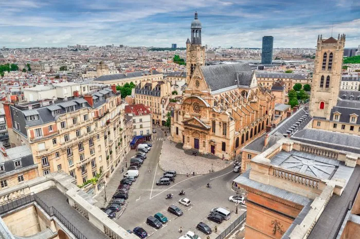 beautiful panoramic view of paris from the roof of the pantheon view on church of saint-etienne-du-mont