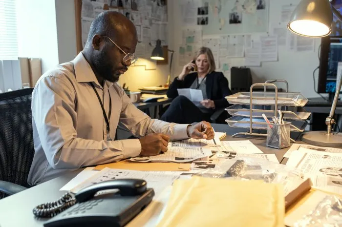 serious african american male detective making notes about criminal in his profile while sitting by desk against mature female coworker