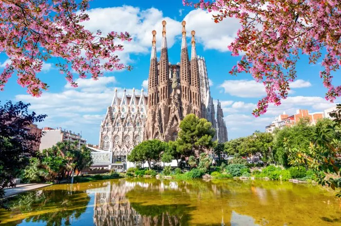 sagrada familia cathedral in spring, barcelona, spain