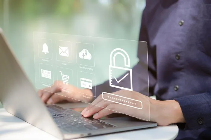 businessman using laptop computer secure encryption technology cybersecurity privacy of data protection, security internet access, security encryption of user private data, business confidentiality