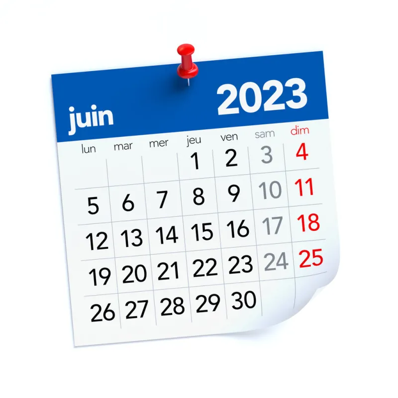 june calendar 2023 in french language isolated on white background 3d illustration