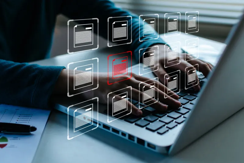 document management system business hand using laptop computer with virtual graphic icon on desk at home, digital marketing, cloud computing, business finance, internet network technology concept