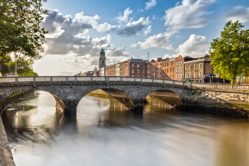 long exposure of the liffey river and the beautiful bridges of dublin