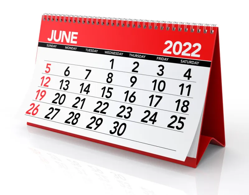june 2022 calendar isolated on white background 3d illustration