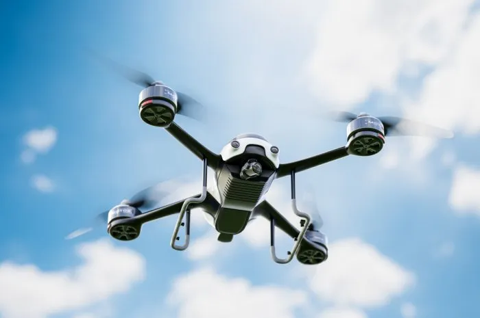 drone white color flying close-up taken from below while the sky is clear 3d render