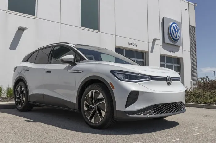 noblesville - circa may 2022  volkswagen id4 suv electric vehicle ev display at a dealership a dc fast charger can get the battery in the id4 from 5 to 80 percent charge in about 38 minutes