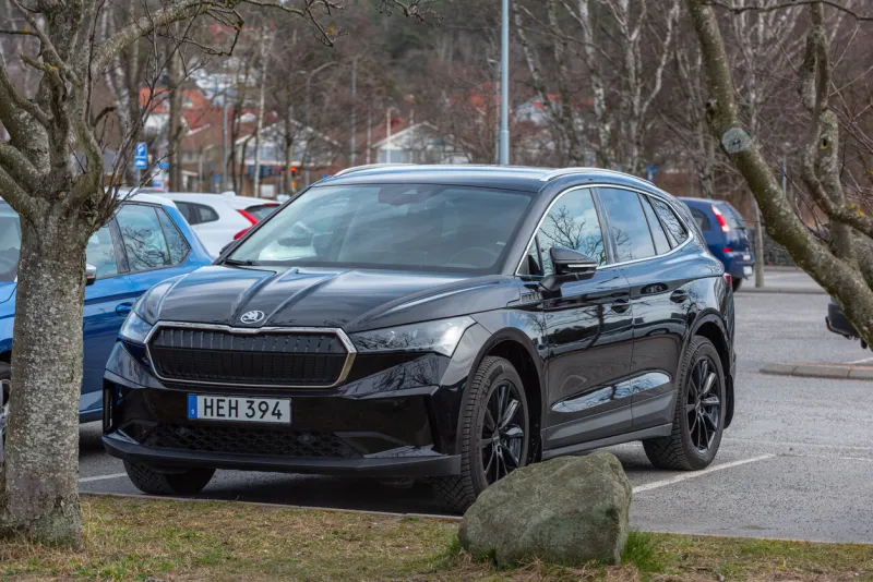 gothenburg, sweden - march 27 2022  black skoda enyaq electric car on a parking lot