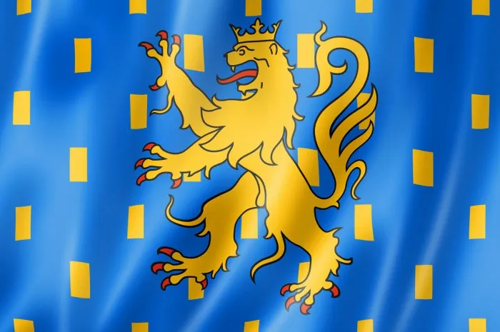 franche-comte region flag, france waving banner collection 3d illustration