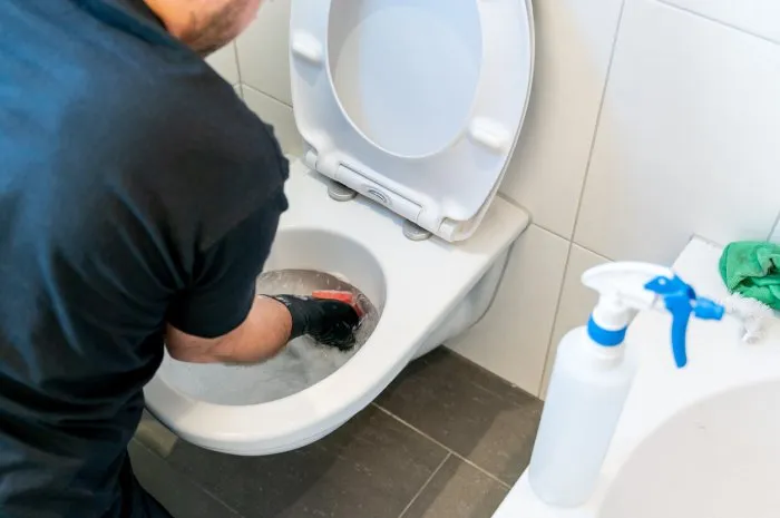 a professional cleaner removing grime and lime scale in a toilet bowl during a spring cleaning of an apartment bathroom