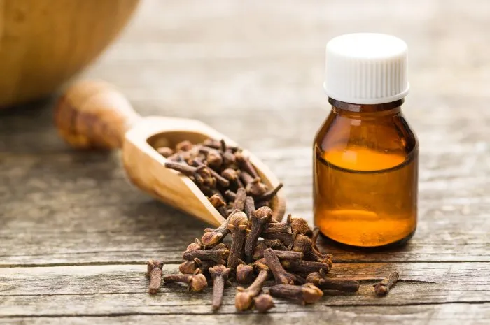 essential oil of cloves and cloves spice on wooden table