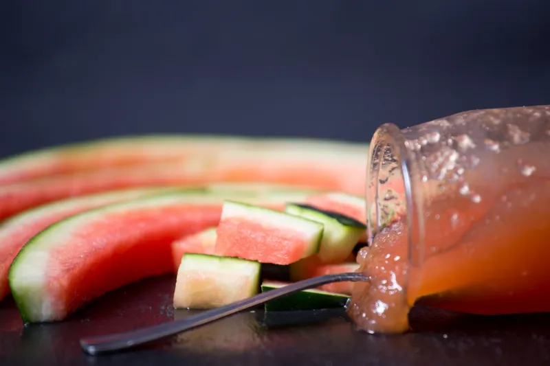 recycling watermelon leftovers into jam or marmalade delicious way of not generating waste and litter and garbage and eating healthy fruit