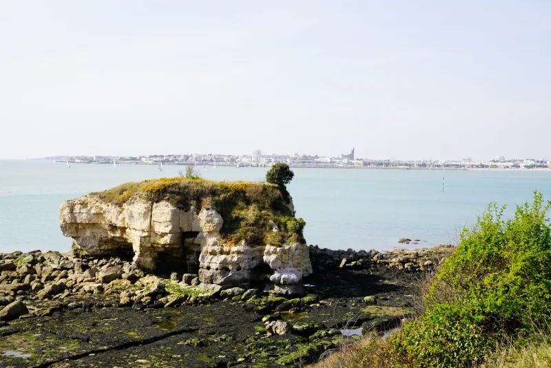meschers eroded coast with a view of the city of royan in the background in meschers-sur-gironde french atlantic coast