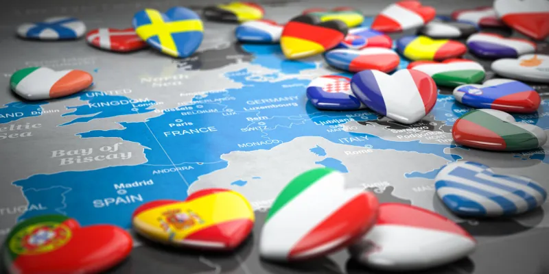 map of europe and hearts with flags of european countries travel and tourism to european union eu concept 3d illustration