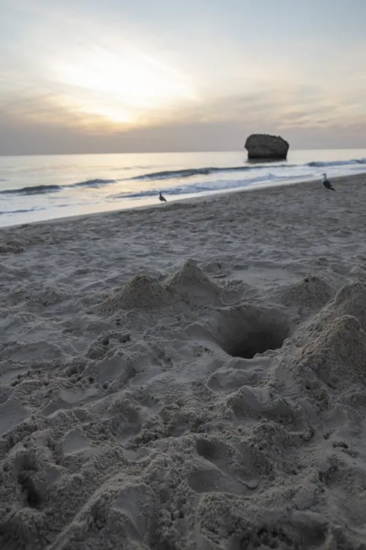 a hole dug by children in the sand on the beach, a beautiful sunset on the beach of matalascañas, huelva, spain its famous watchtower, called torre de la higuera, submerged in water