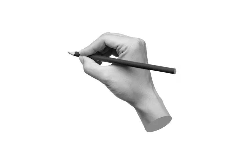 a female hand holds a pencil isolated on a white background mockup with empty copy space for text and design 3d trendy collage in magazine style modern contemporary art