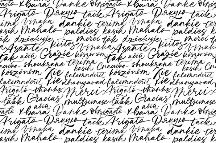 thank you phrases vector seamless pattern thank you modern phrases in many languages handwritten vector calligraphy black ink brush paint lettering creative wallpaper, monochrome textile print