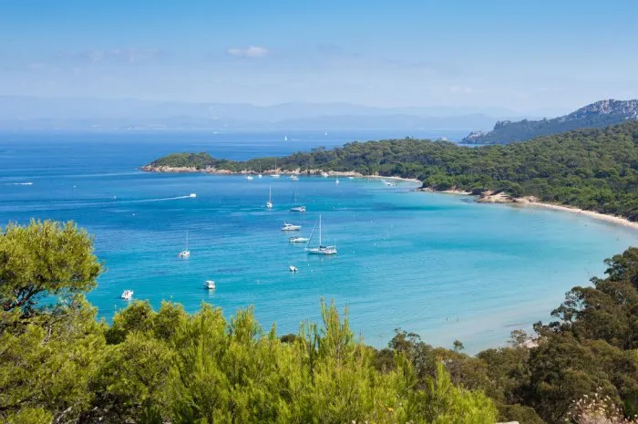 panoramic view of porquerolles island from fort sainte agathe in france
