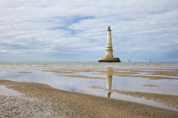 view of the historical lighthouse of cordouan at low tide, gironde estuary, france
