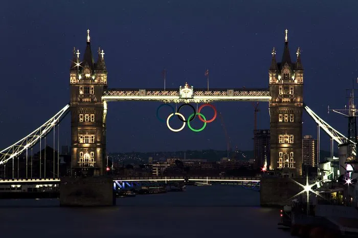 london, united kingdom (uk) - august 10, 2012  night view of the london bridge with the rings on it during the olyimpic games