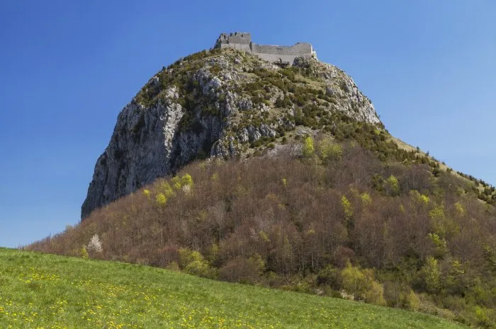montsegur, france - april 14, 2017  chateau de montsegur, occitanie, france