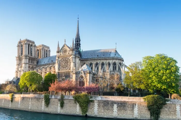 notre dame cathedral in paris on a bright afternoon in spring, panorama image
