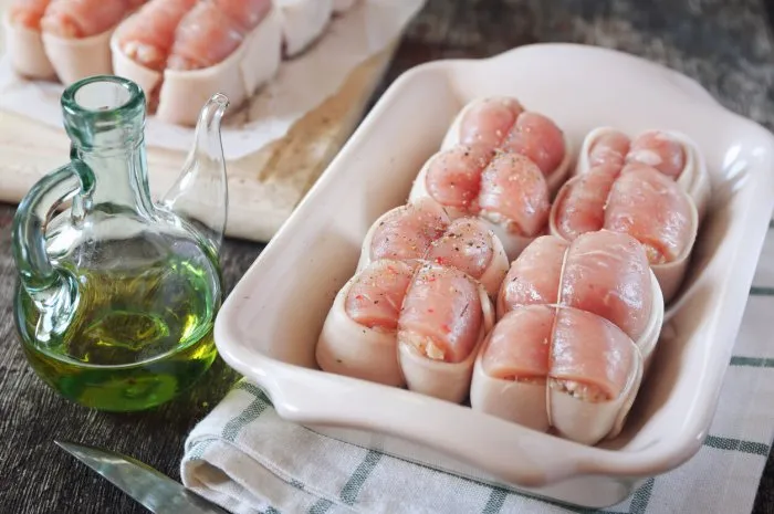 french cuisine raw meat paupiettes and olive oil rustic style