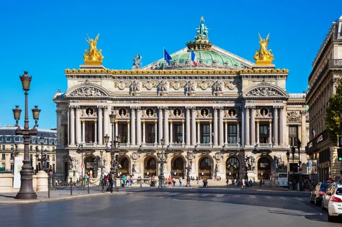 paris, france - august 22, 2015  front view of the opera national de paris with people grand opera (opera garnier) is famous neo-baroque building in paris designed by charles garnier in